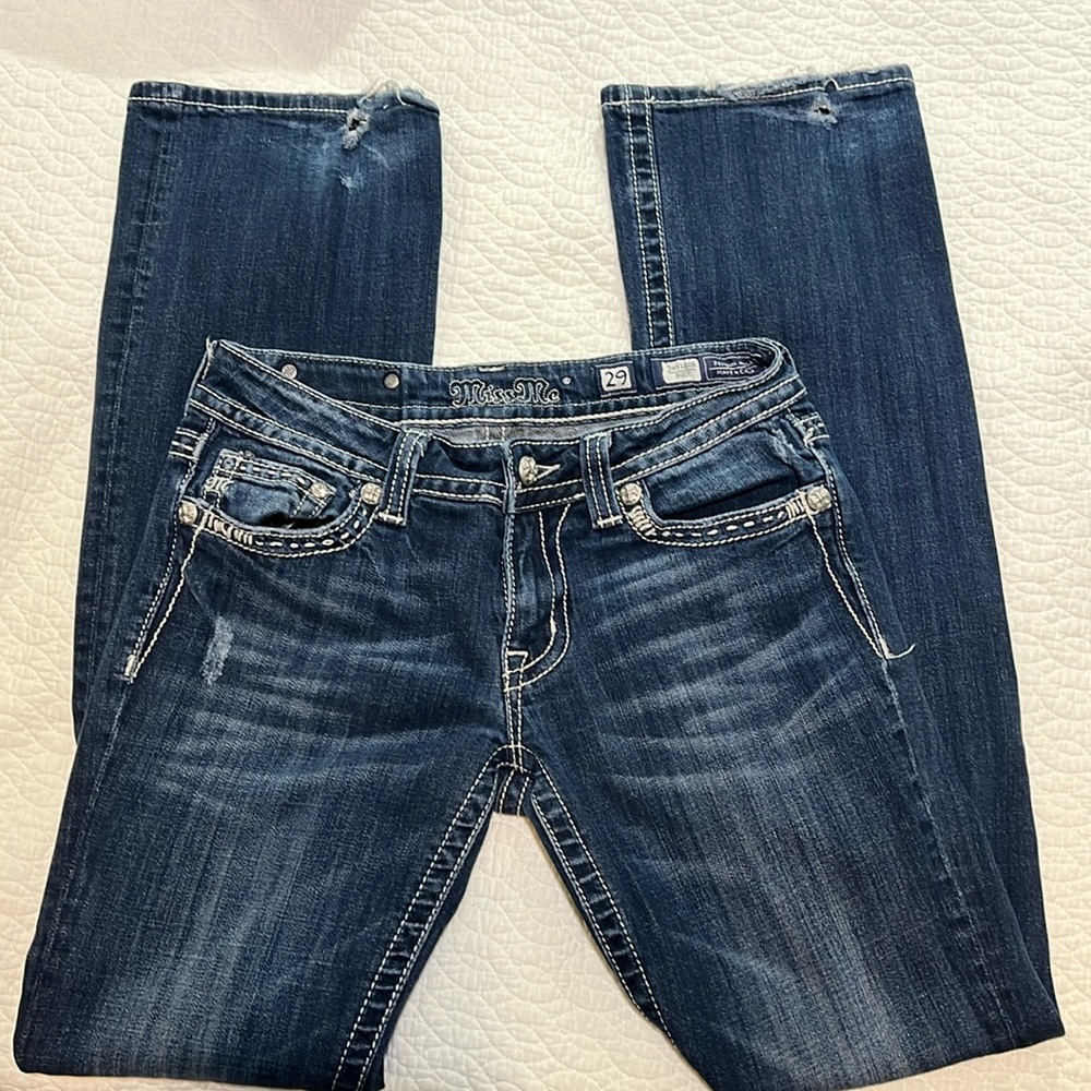 MISS ME Boot Cut JW5180B Jeans Silver Metallic Stitch DK 39B Size 25